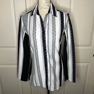 Finley Small Striped Button Up Long Sleeve Blouse Black White Geometric Soft